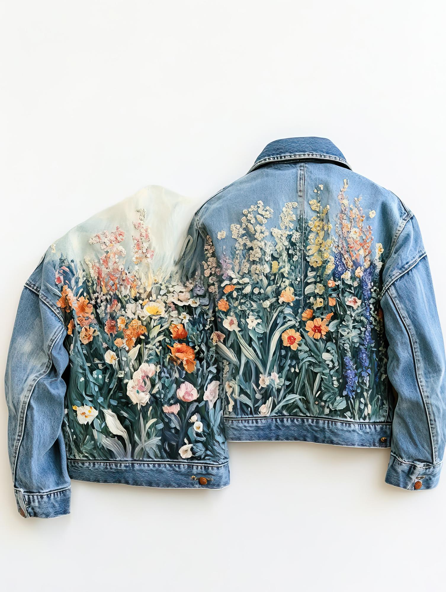 Embroidered floral patch on denim